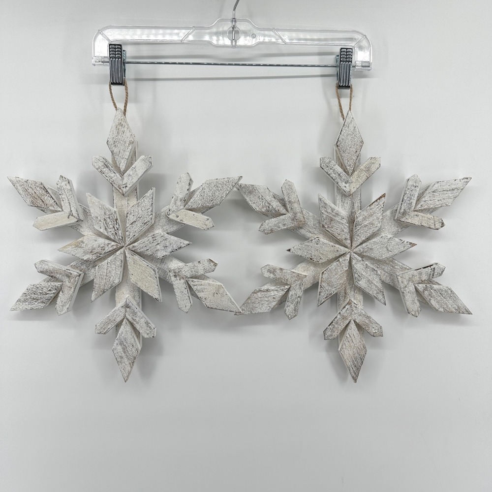 Rustic Distressed White Wooden Snowflake Wall Decor Set of 2 Glitter 13in